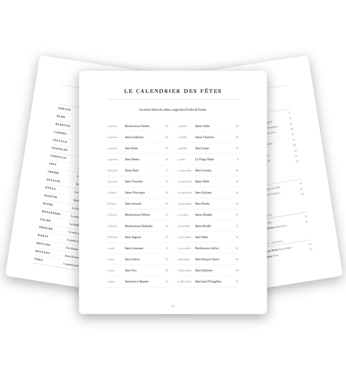 Le calendrier des fêtes, le petit dictionnaire et la carte des Saints
