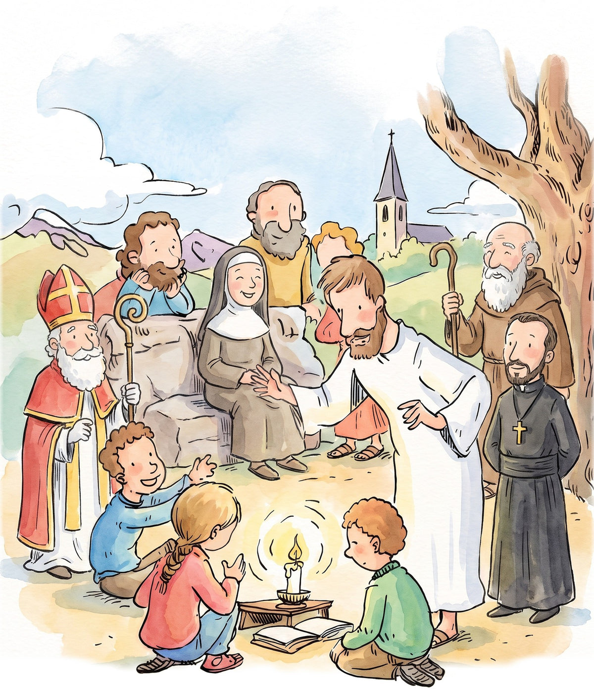 Illustration de la couverture : des enfants écoutent les Saints à la lueur d'une bougie