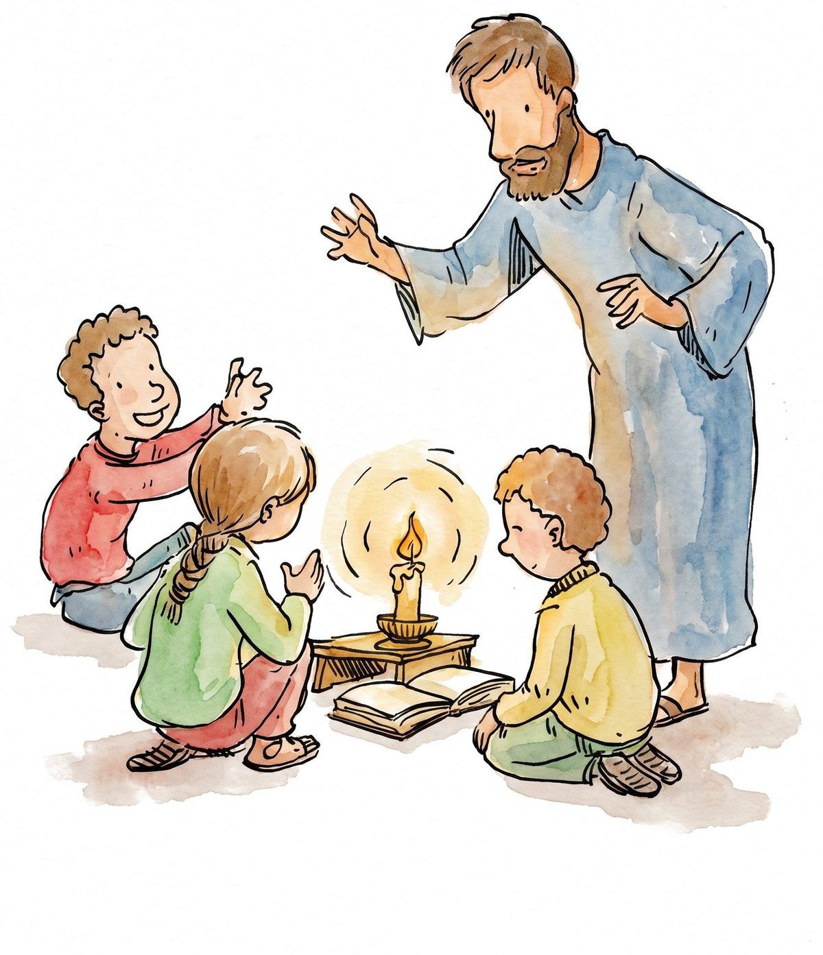 Des enfants écoutent l'histoire d'un Saint à la lueur d'une bougie